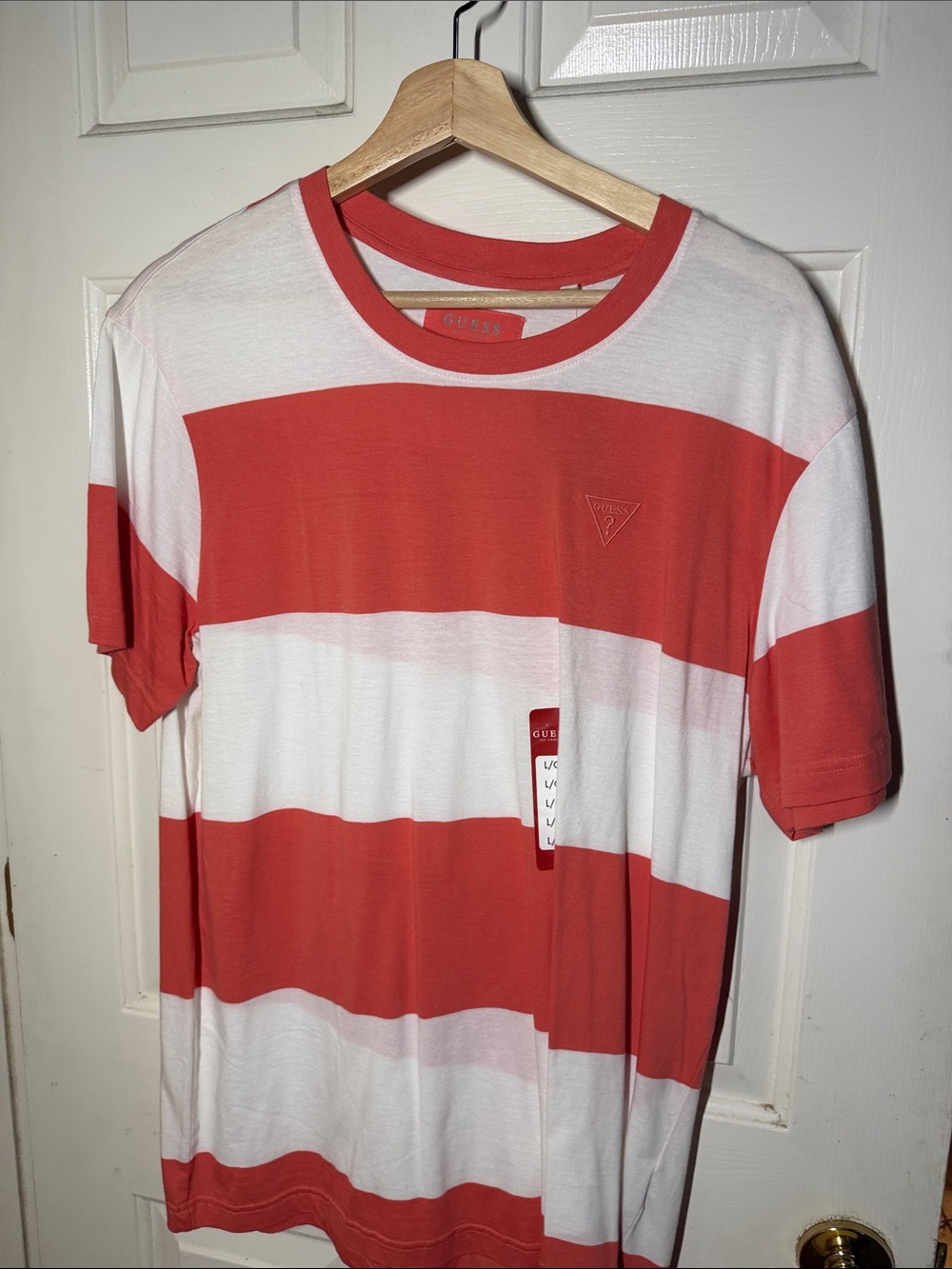 Guess Red and White Striped Crewneck Tee